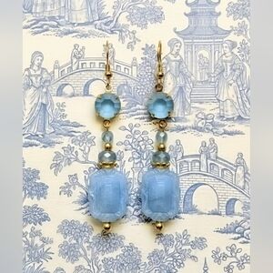 Victorian Milky Blue W/ Glowing Swarovski Crystal In Gold Plated Earrings